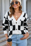 BUFFALO PLAID BUTTON CLOSURE V NECK CARDIGAN - Doublju