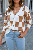 BUFFALO PLAID BUTTON CLOSURE V NECK CARDIGAN - Doublju