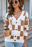 BUFFALO PLAID BUTTON CLOSURE V NECK CARDIGAN - Doublju