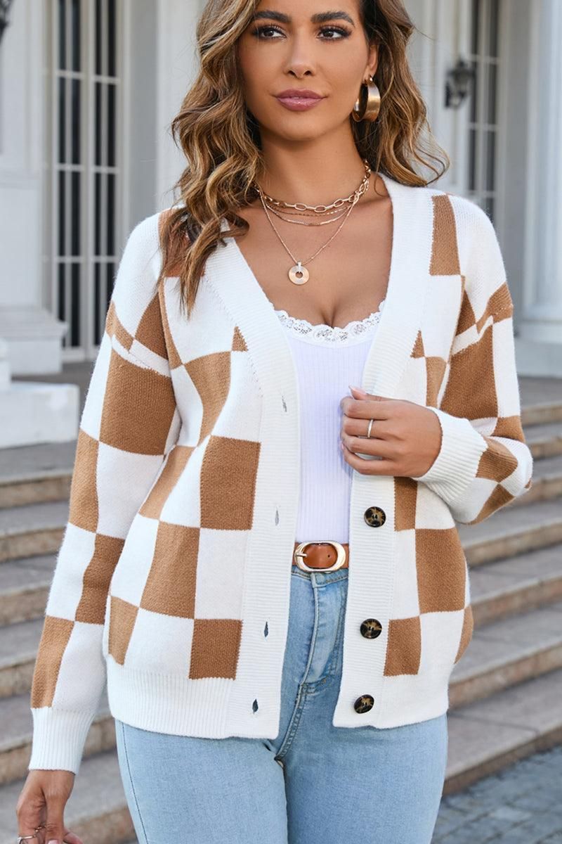 BUFFALO PLAID BUTTON CLOSURE V NECK CARDIGAN - Doublju