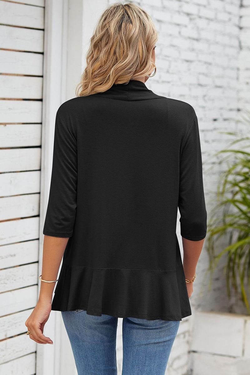QUARTER SLEEVE RUFFLED FRONT OPEN CARDIGAN - Doublju