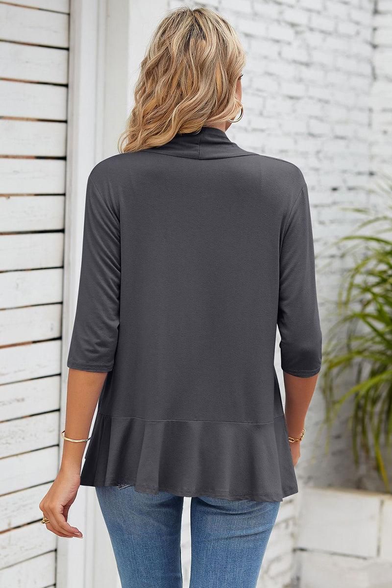QUARTER SLEEVE RUFFLED FRONT OPEN CARDIGAN - Doublju