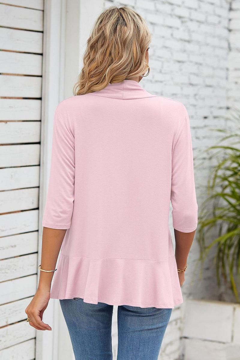QUARTER SLEEVE RUFFLED FRONT OPEN CARDIGAN - Doublju