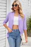 QUARTER SLEEVE RUFFLED FRONT OPEN CARDIGAN - Doublju