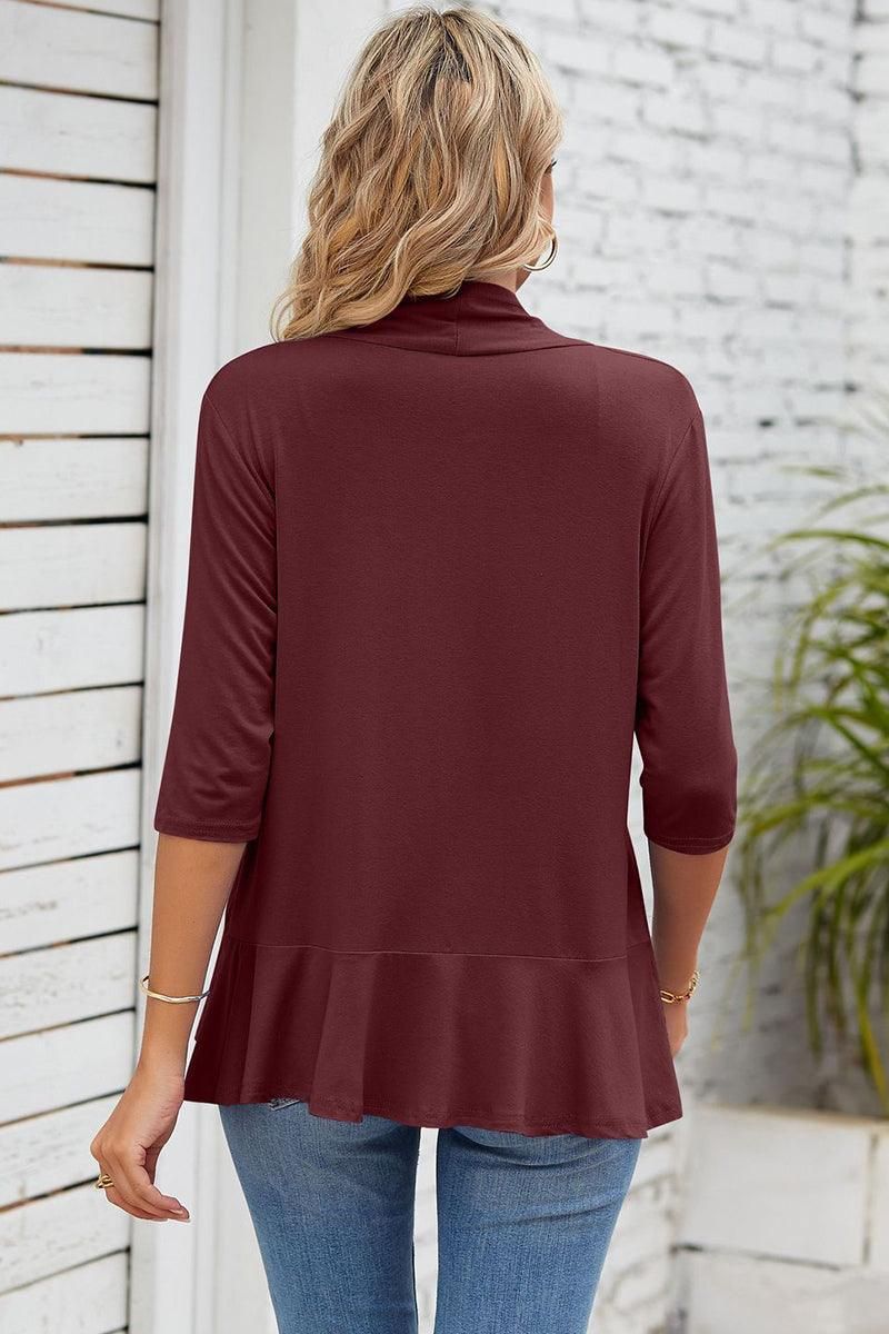 QUARTER SLEEVE RUFFLED FRONT OPEN CARDIGAN - Doublju