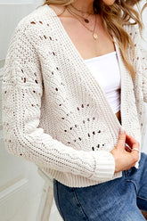 WOMEN EYELET KNITTED OPEN FRONT SHORT CARDIGAN