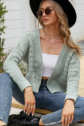 WOMEN EYELET KNITTED OPEN FRONT SHORT CARDIGAN