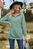 WOMEN LOOSE ZIP UP NECK RIBBED PULLOVER HOODIE