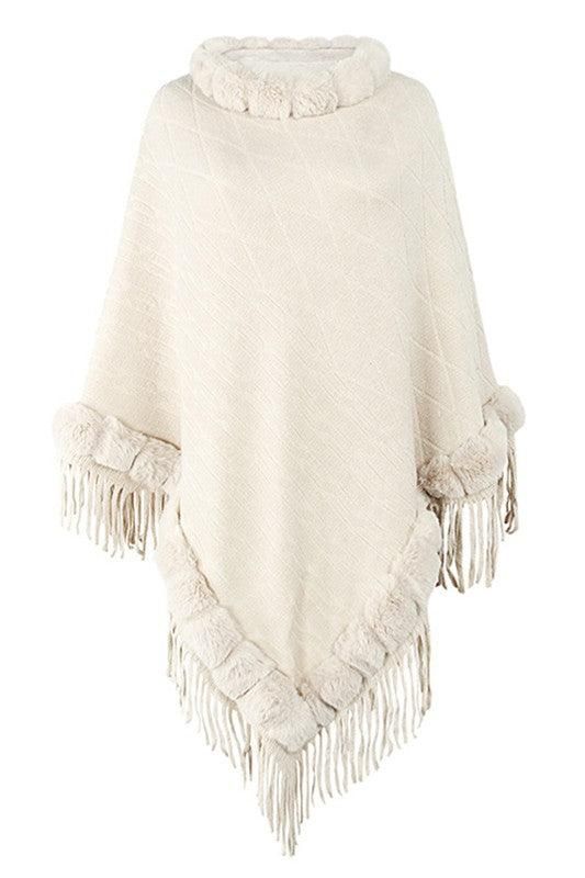 FURRY COLLAR SOLID COLOR KNITTED CLOAK SHAWL - Doublju