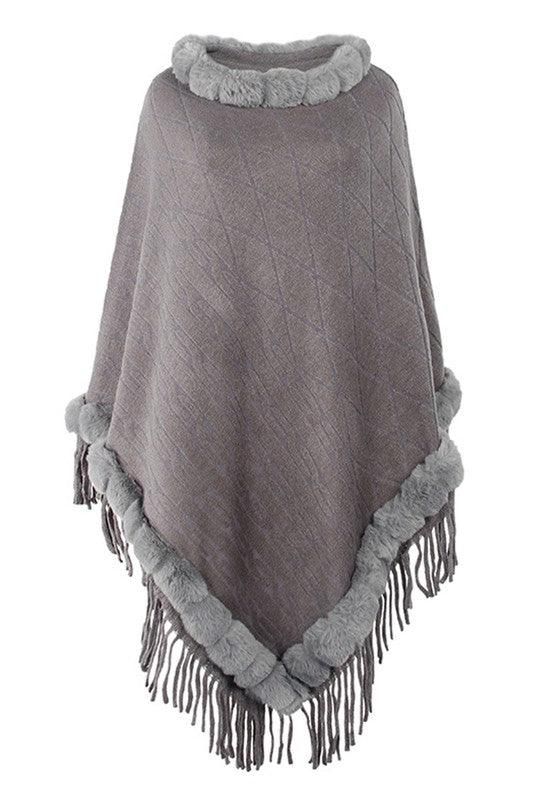 FURRY COLLAR SOLID COLOR KNITTED CLOAK SHAWL - Doublju