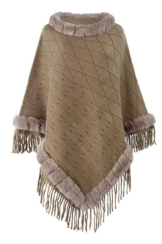 FURRY COLLAR SOLID COLOR KNITTED CLOAK SHAWL - Doublju
