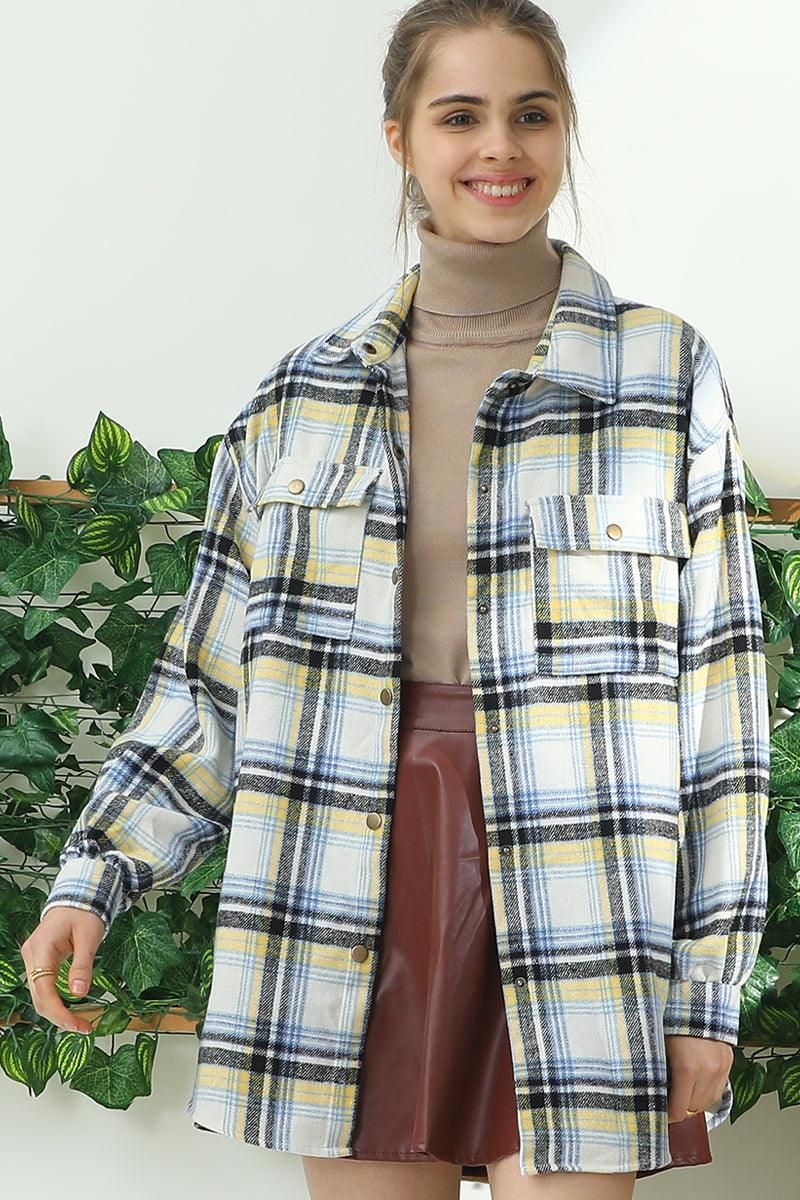 FLANNEL PLAID JACKET SHACKET WITHOUT SIDE POCKET - Doublju