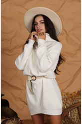 TURTLE NECK MIDI KNIT SWEAT DRESS - Doublju