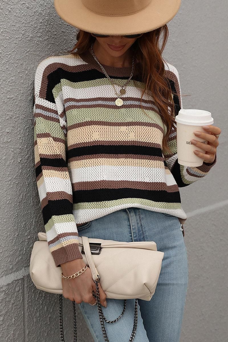 COLORED STRIPE KNIT SWEATER TOP - Doublju
