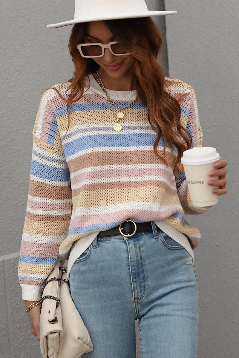 COLORED STRIPE KNIT SWEATER TOP - Doublju