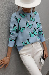 BUTTERFLY PRINTING LONG SLEEVE CASUAL SWEATER - Doublju