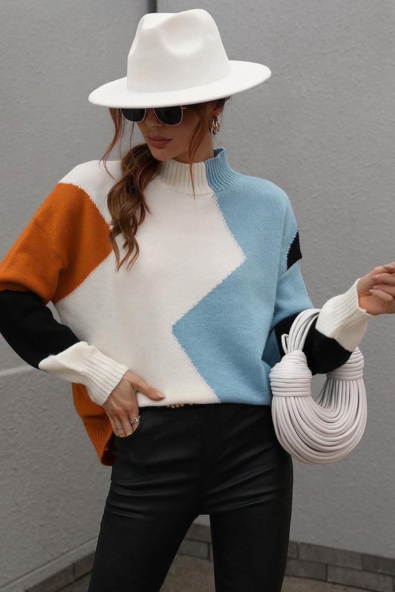 TURTLE NECK COLOR BLOCK CASUAL SWEATER TOP - Doublju