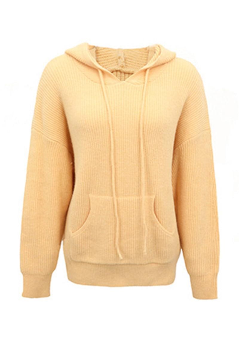 CABLE KNIT HOODED KNIT SWEATER TOP - Doublju