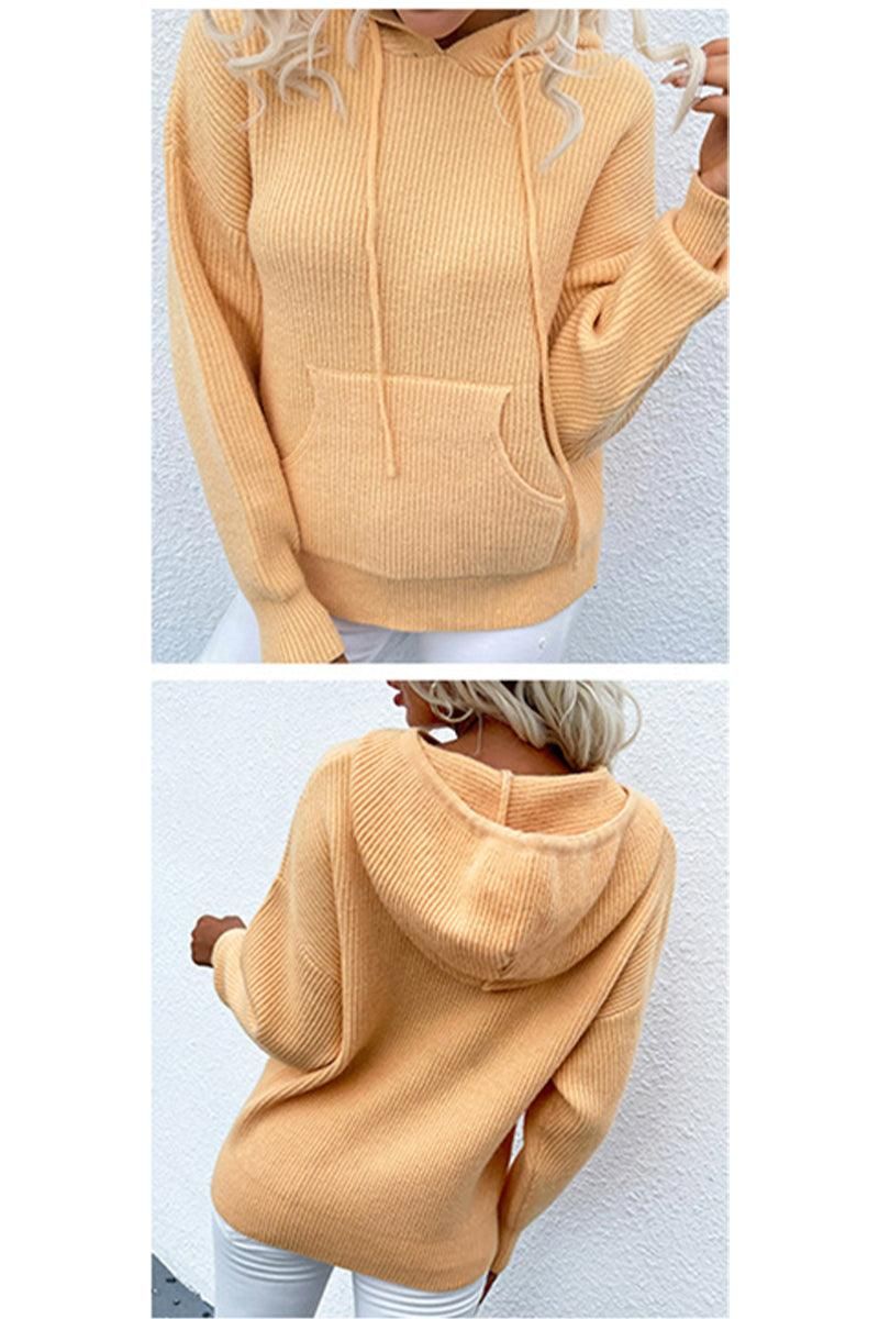 CABLE KNIT HOODED KNIT SWEATER TOP - Doublju