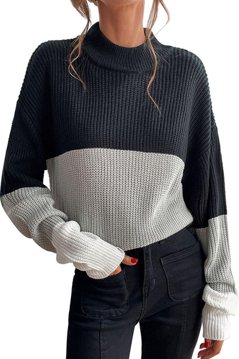 COLOR BLOCK LOOSE FIT CASUAL SWEATER TOP - Doublju