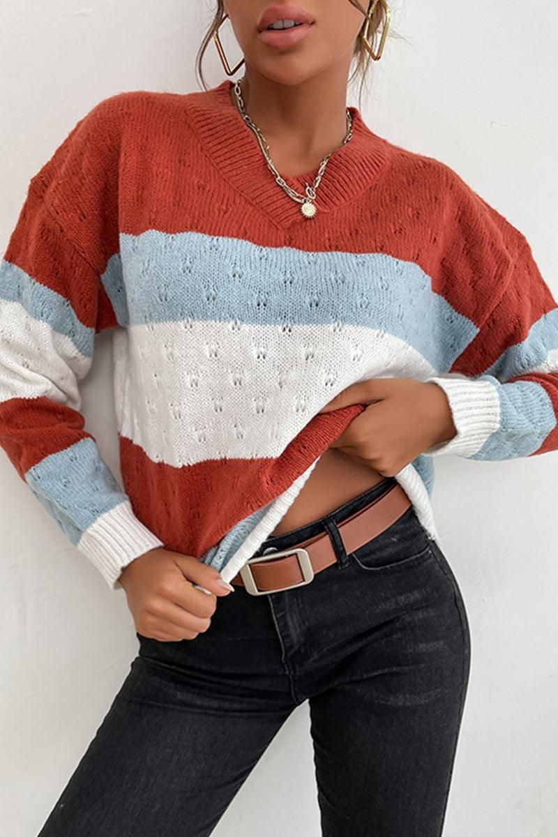 PATTERN KNIT STRIPE CASUAL SWEATER TOP - Doublju