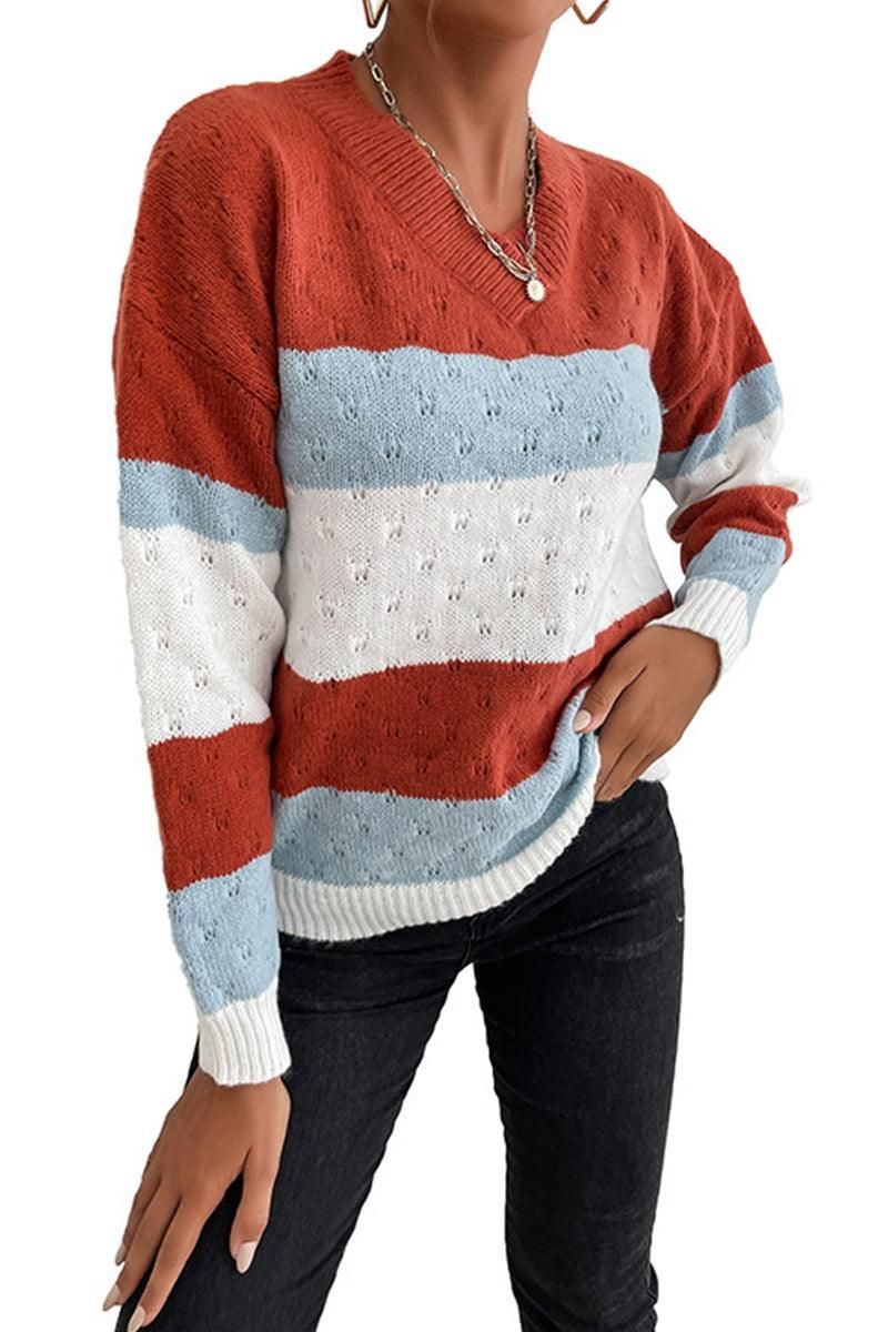 PATTERN KNIT STRIPE CASUAL SWEATER TOP - Doublju