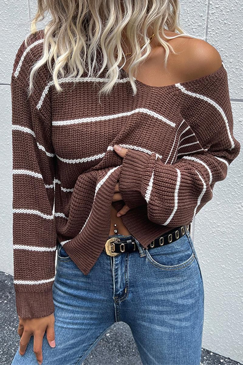 LOOSE FIT STRIPE KNITTED SWEATER - Doublju