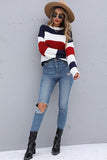 LONG SLEEVE BIG STRIPE ROUND NECK SWEATER - Doublju