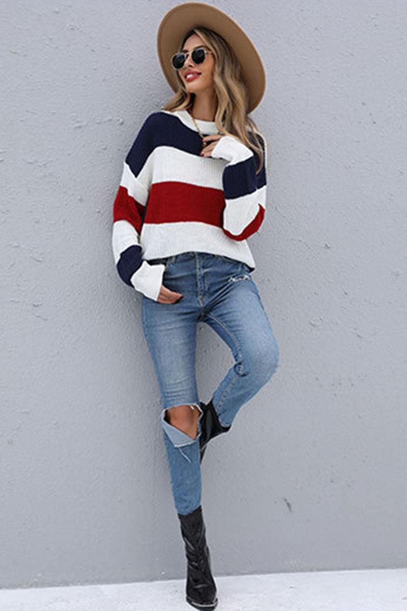 LONG SLEEVE BIG STRIPE ROUND NECK SWEATER - Doublju