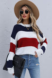 LONG SLEEVE BIG STRIPE ROUND NECK SWEATER - Doublju