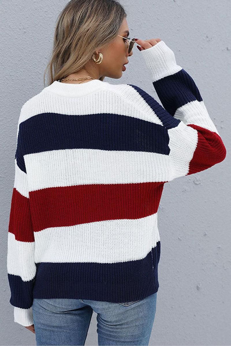 LONG SLEEVE BIG STRIPE ROUND NECK SWEATER - Doublju