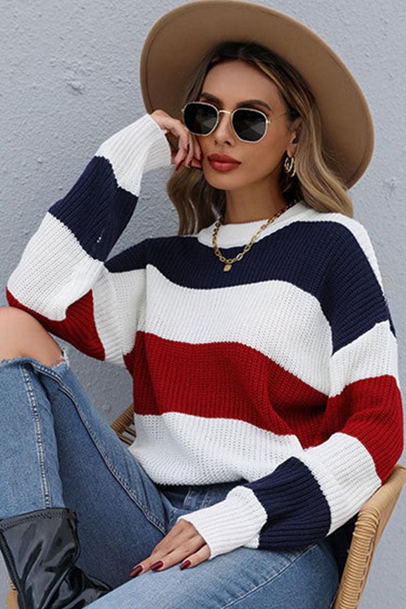 LONG SLEEVE BIG STRIPE ROUND NECK SWEATER - Doublju