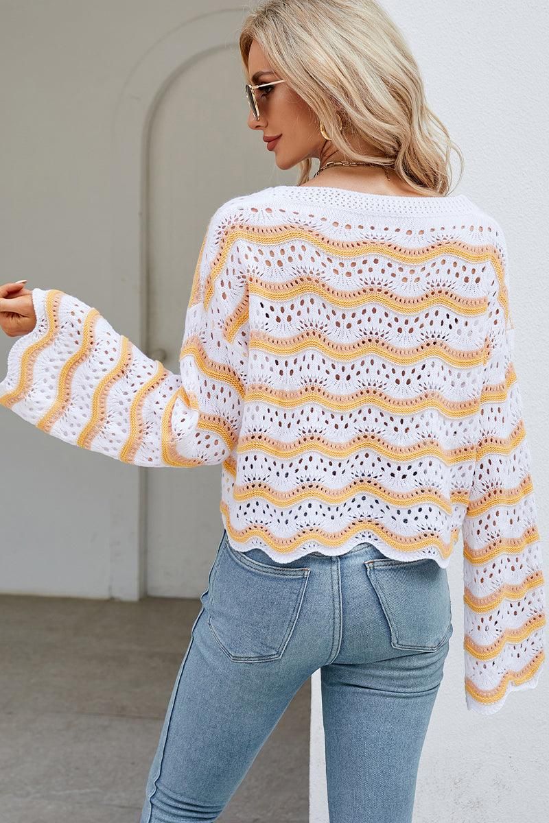 LOOSE FIT RIBBED CREWNECK WAVE PATTERN SWEATER - Doublju