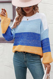 WOMEN RIBBED CREW NECK COLOR BLOCK SWEATER - Doublju