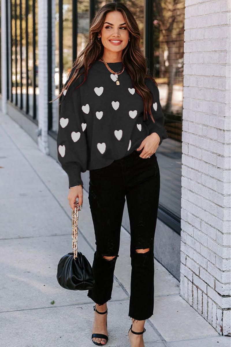 WOMEN HEART PRINTING CUTE PULL OVER SWEATER - Doublju