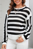 STRIPED COLOR BLOCK CREW NECK HOLLOW KNIT SWEATER - Doublju