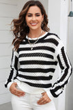 STRIPED COLOR BLOCK CREW NECK HOLLOW KNIT SWEATER - Doublju