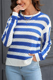STRIPED COLOR BLOCK CREW NECK HOLLOW KNIT SWEATER - Doublju