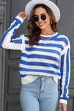 STRIPED COLOR BLOCK CREW NECK HOLLOW KNIT SWEATER - Doublju