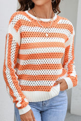 STRIPED COLOR BLOCK CREW NECK HOLLOW KNIT SWEATER - Doublju
