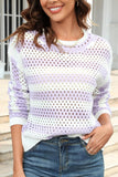 STRIPED COLOR BLOCK CREW NECK HOLLOW KNIT SWEATER - Doublju