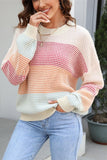 WOMEN WAFFLE KNITTED COLOR BLOCK OVERSIZED SWEATER - Doublju