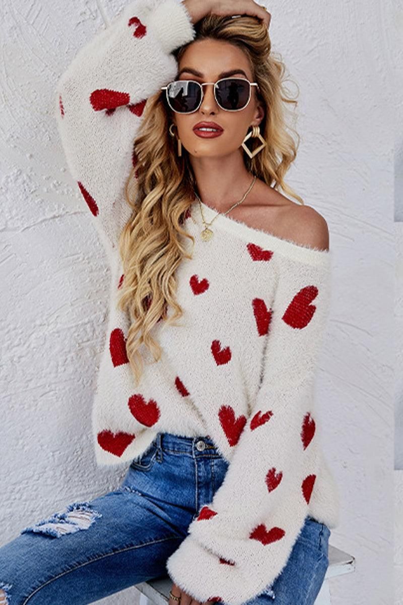 WOMEN OVERSIZED HEART PRINTING CUTE KNIT SWEATER - Doublju