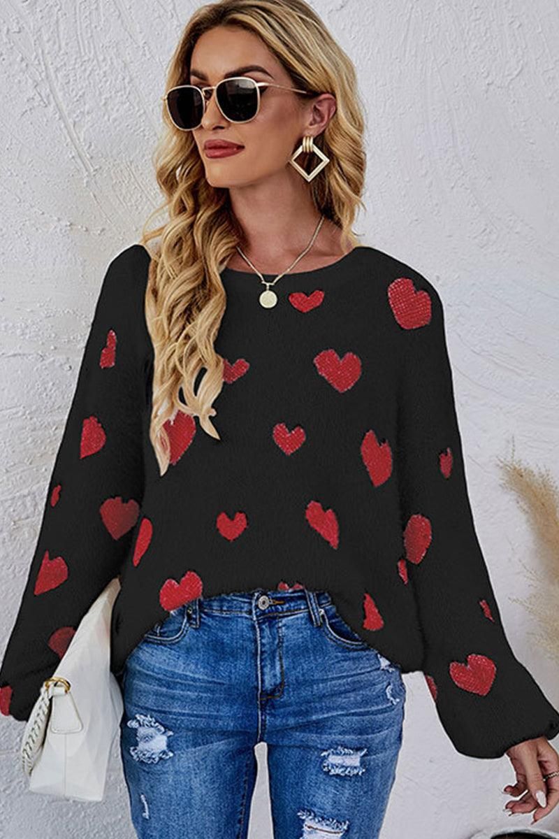 WOMEN OVERSIZED HEART PRINTING CUTE KNIT SWEATER - Doublju
