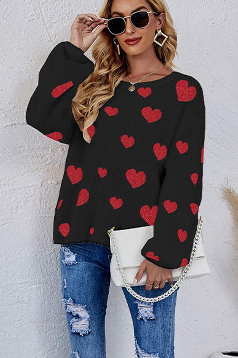 WOMEN OVERSIZED HEART PRINTING CUTE KNIT SWEATER - Doublju