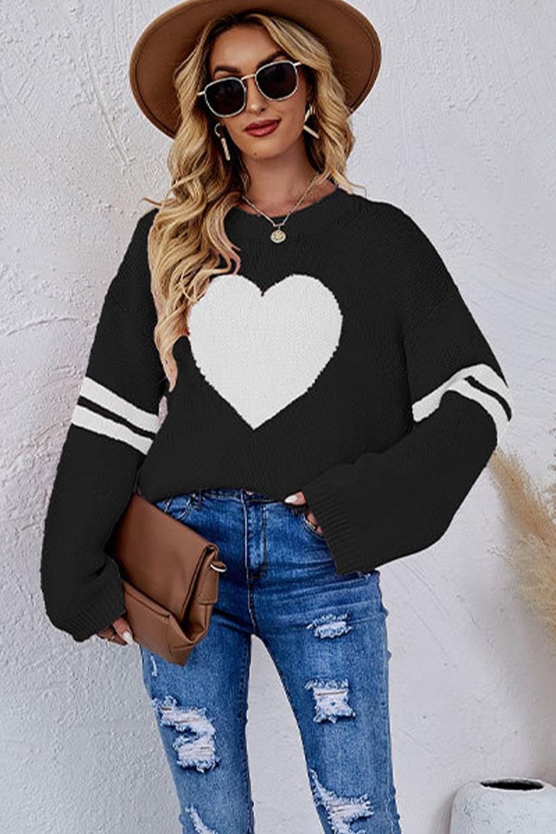 WOMEN OVERSIZED HEART PRINTING RIBBED PULLOVER TOP - Doublju