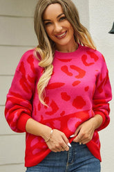 LEOPARD PRINTING LONG SLEEVE CASUAL SWEATER - Doublju