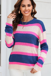 WOMENS COLOR STRIPE CASUAL SWEATER TOP - Doublju