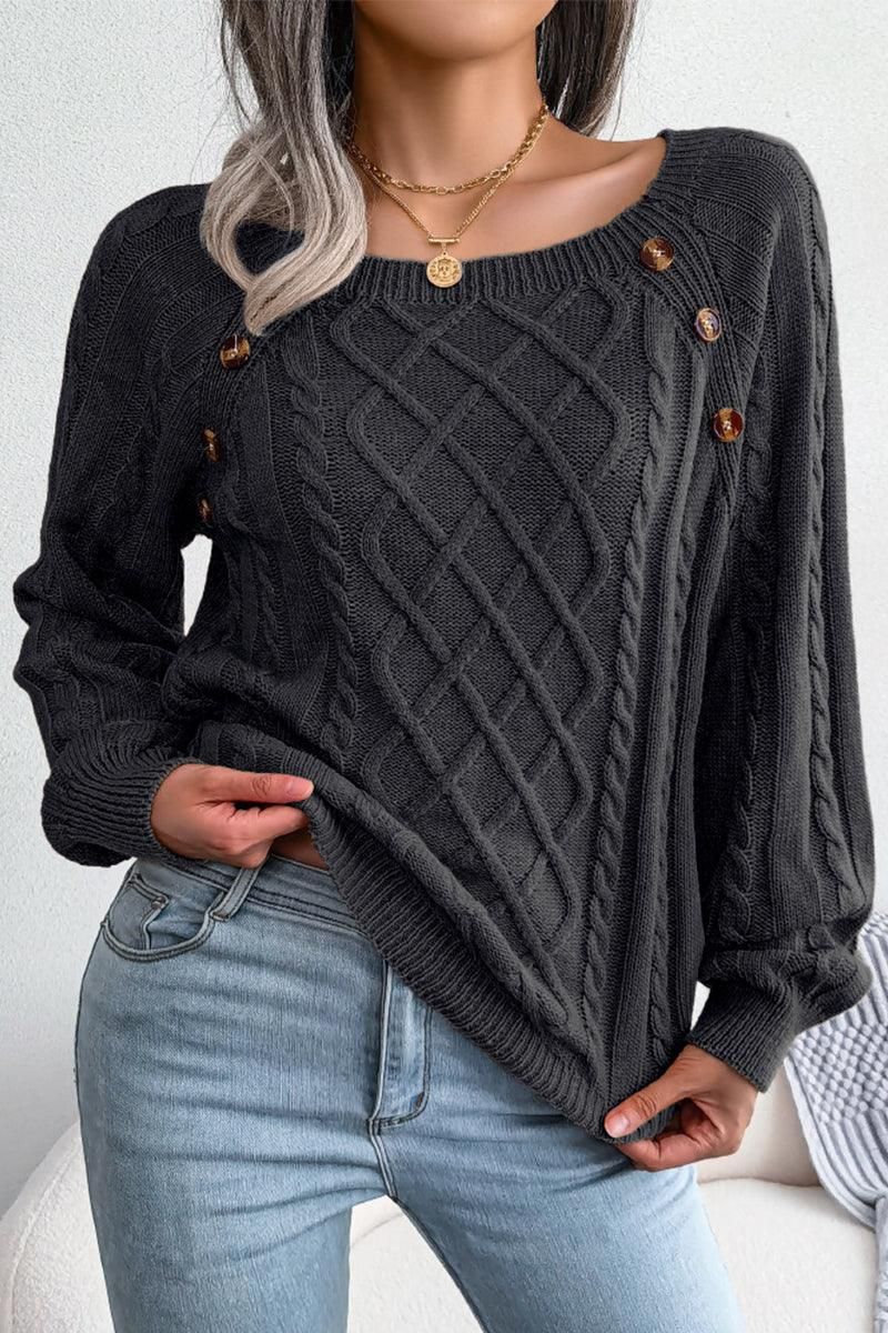 CABLE KNIT BUTTON DETAILED PULLOVER SWEATER - Doublju
