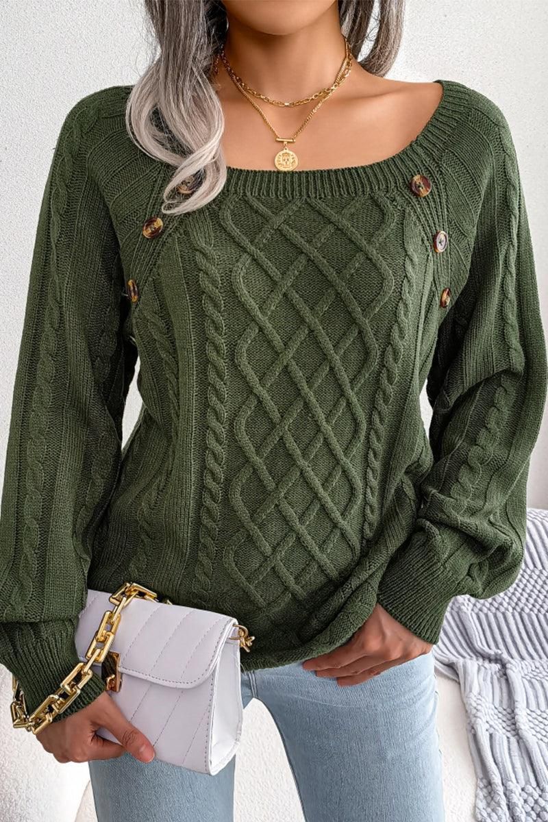 CABLE KNIT BUTTON DETAILED PULLOVER SWEATER - Doublju